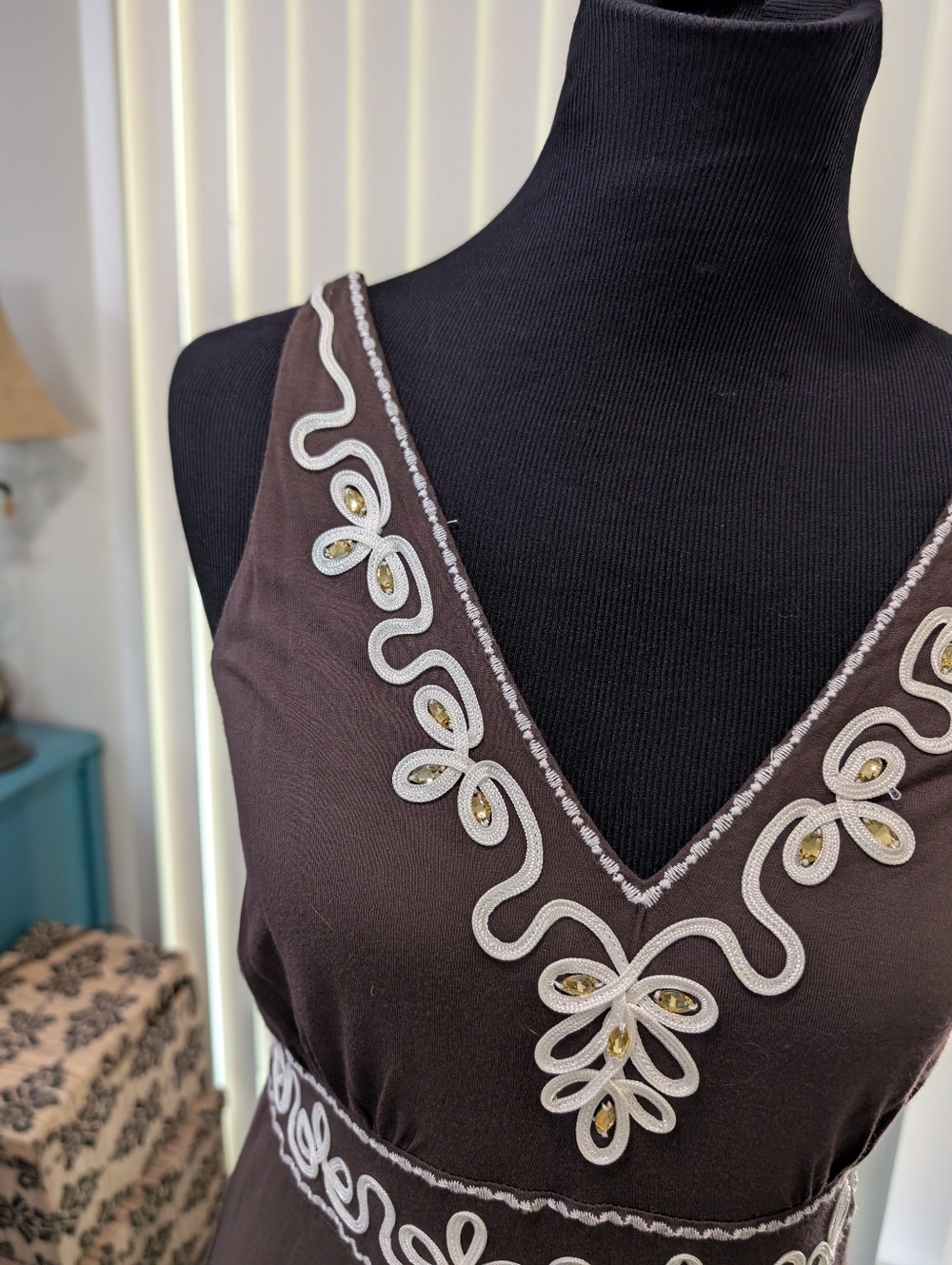 INC Chocolate Brown Maxi Dress with White Stitch and Gold Jewel Details - Picture 3 of 6